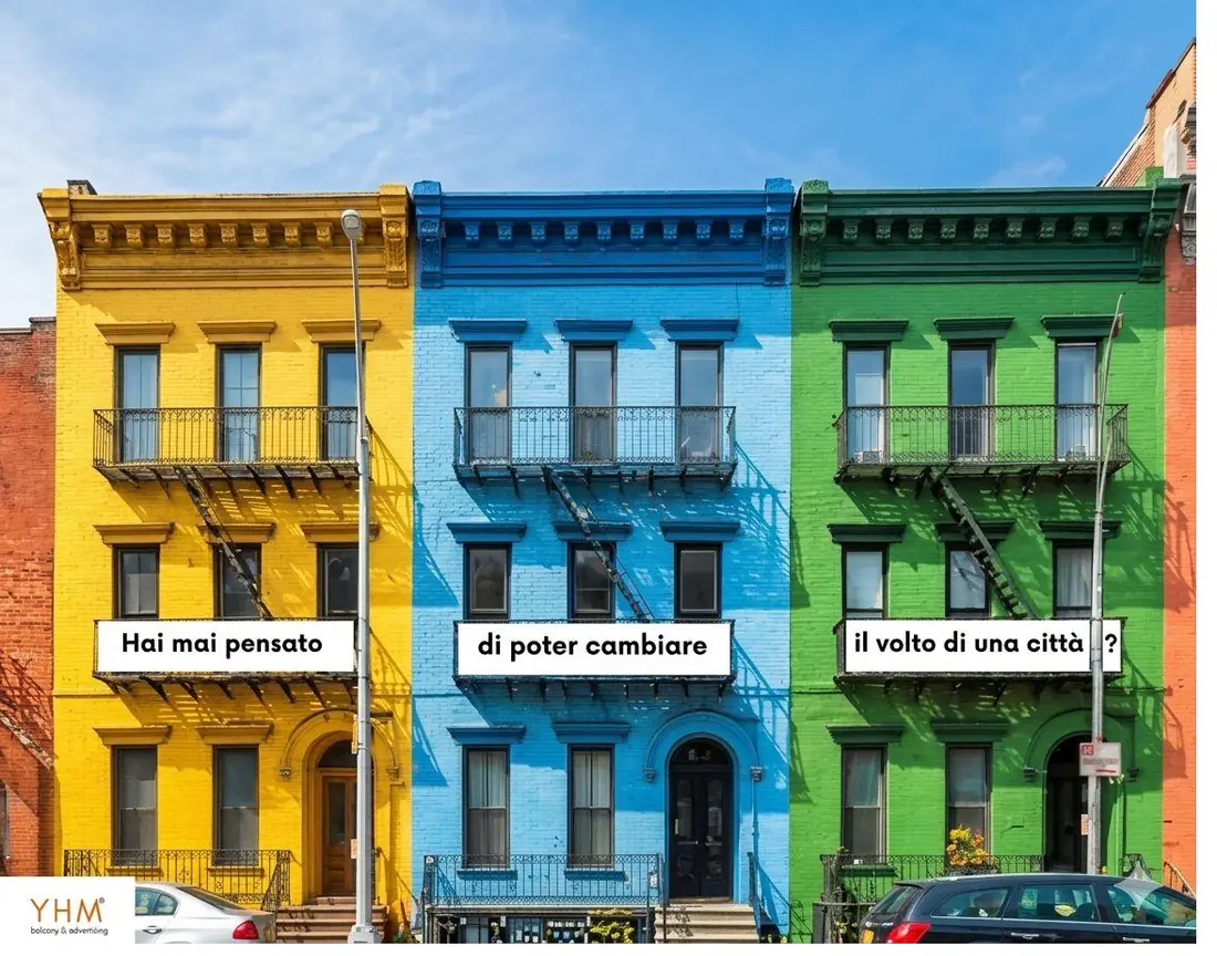 Messaggio pubblicitario distribuito sulle facciate di tre palazzi colorati