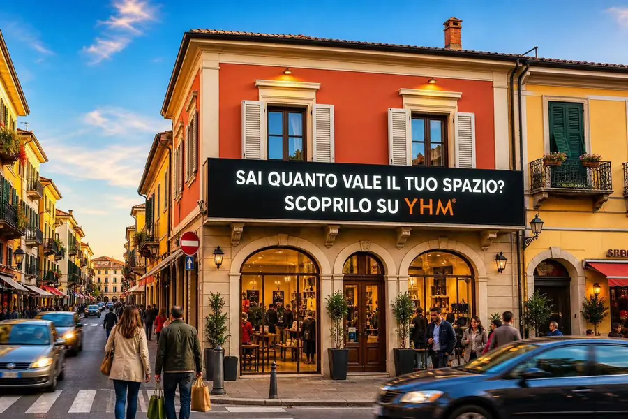 Allestimenti pubblicitari colorati su tre balconi di un palazzo affacciato sul viale